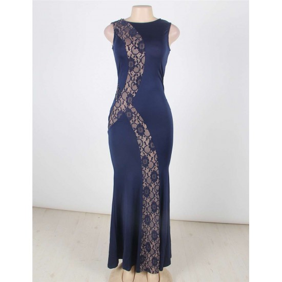 Lace Panel Ruffle Dark Blue Maxi Dress