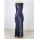 Plus Size Lace Panel Ruffle Dark Blue Maxi Dress