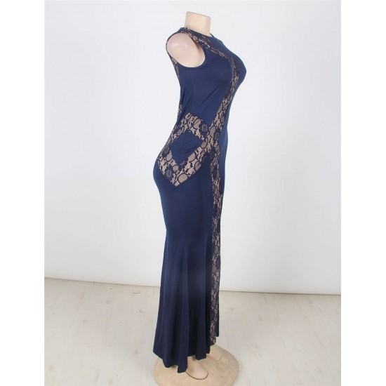 Lace Panel Ruffle Dark Blue Maxi Dress