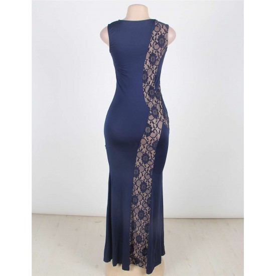 Lace Panel Ruffle Dark Blue Maxi Dress