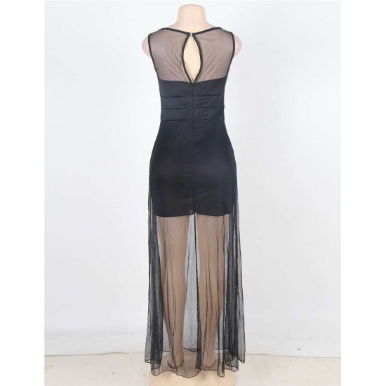 Plus Size Black Sleeveless Short Dress with Floor Length Sheer Overlay