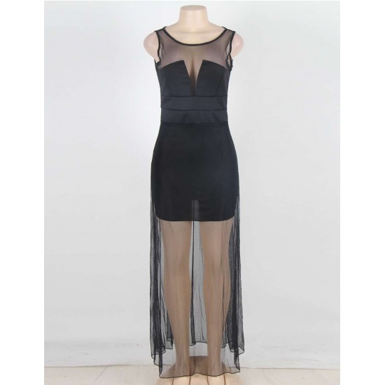 Plus Size Black Sleeveless Short Dress with Floor Length Sheer Overlay