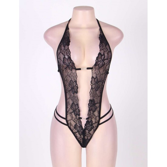 Plus Size Crotchless Black Lace Teddy