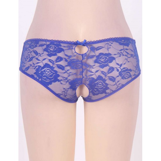 Blue Open Crotch Strappy Plus Size Lace Panty Thongs