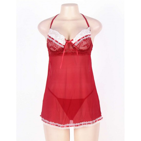 Red Plus Size Halter Open Back Mesh Babydoll