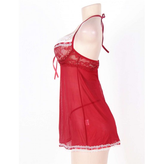 Red Plus Size Halter Open Back Mesh Babydoll