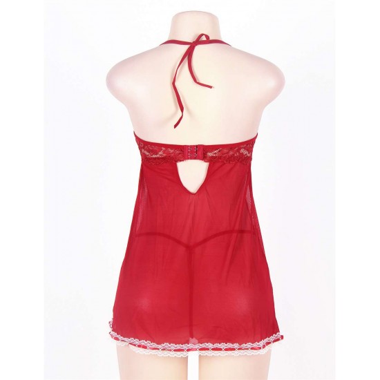 Red Plus Size Halter Open Back Mesh Babydoll