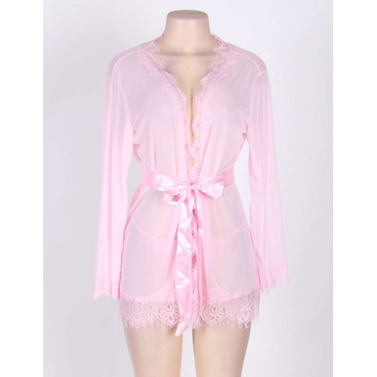 Plus Size Pink Lace Trim Robe With Thong