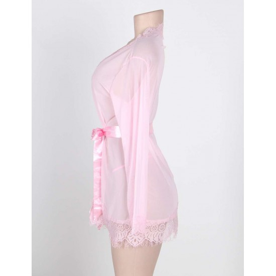 Plus Size Pink Lace Trim Robe With Thong