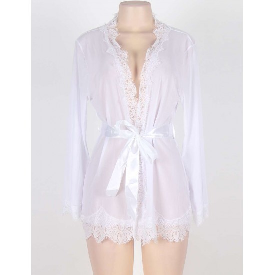 White Plus Size Lace Trim Robe With Thong