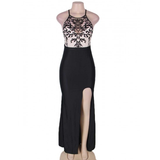 Plus Size Black Embroidery Halter Evening Gown