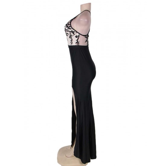 Plus Size Black Embroidery Halter Evening Gown