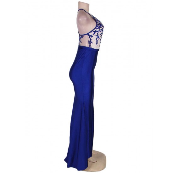 Plus Size Blue Embroidery Elegant Slit Evening Dress