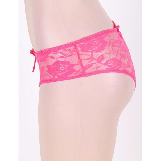 Pink Plus Size Floral Lace Strappy Open Crotch Panty