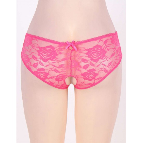 Pink Plus Size Floral Lace Strappy Open Crotch Panty