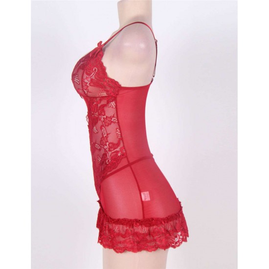 Red Plus Size Transparent Lace Floral Babydoll