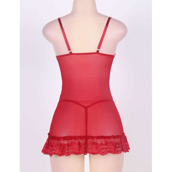 Red Plus Size Transparent Lace Floral Babydoll