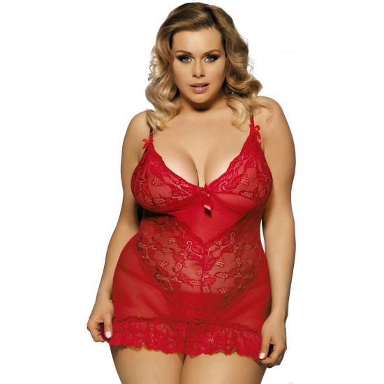 Red Plus Size Transparent Lace Floral Babydoll