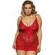 Red Plus Size Transparent Lace Floral Babydoll