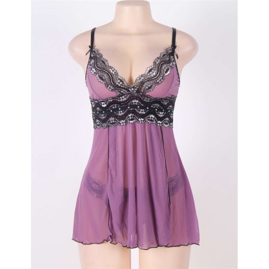 Purple Plus Size Mesh and Metallic Lace Babydoll