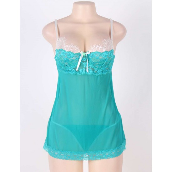 Green Plus Size Sexy Babydoll Set Mesh & Lace