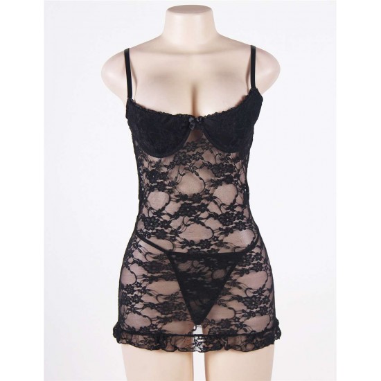 Black Plus Size Lace Mesh Lingerie With Round Back