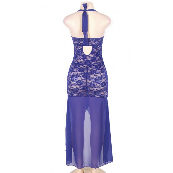 Plus Size Blue Halter Lace And Mesh Babydoll Dress