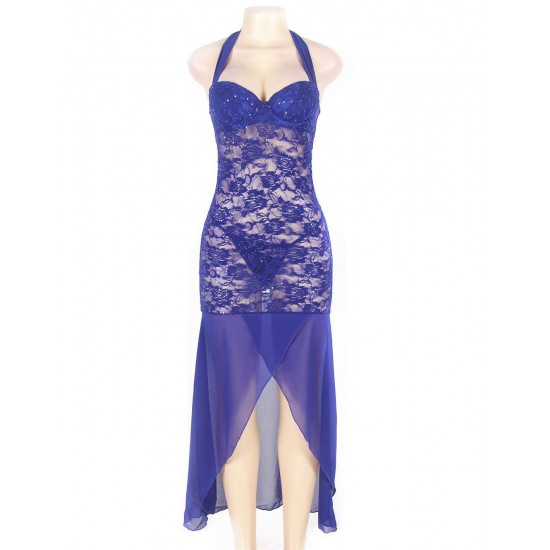 Plus Size Blue Halter Lace And Mesh Babydoll Dress