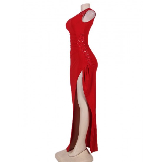 Elegant Red Side Lace Detail Ruched Dress