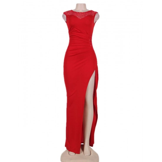 Elegant Red Side Lace Detail Ruched Dress