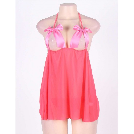 Pink Open Cup Satin Bows Babydoll 