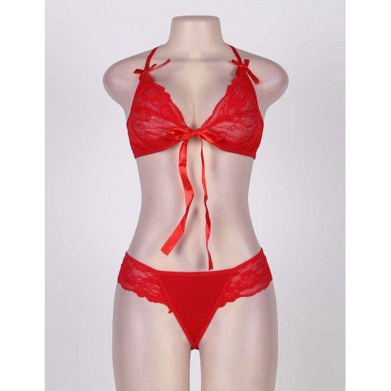 Red Strappy Lace Bra and Panty Set