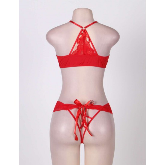 Red Strappy Lace Bra and Panty Set