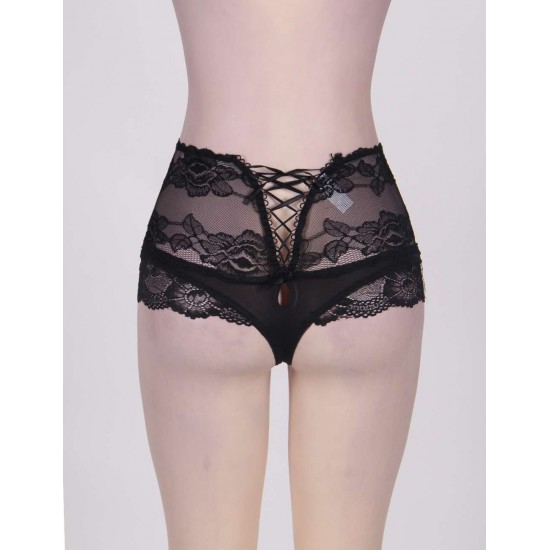 Queen Size High Waist Strappy Floral Black Lace Panty