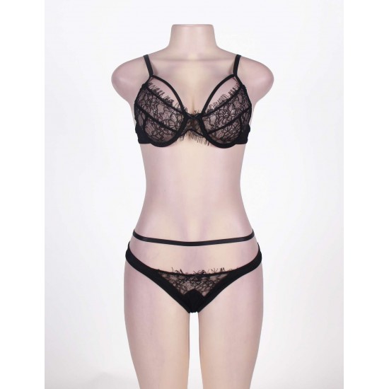 Plus Size Black Eyelash Lace Bra Set 