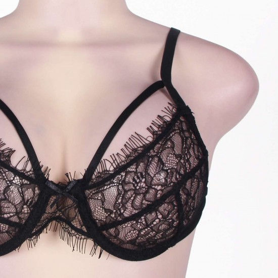 Plus Size Black Eyelash Lace Bra Set 