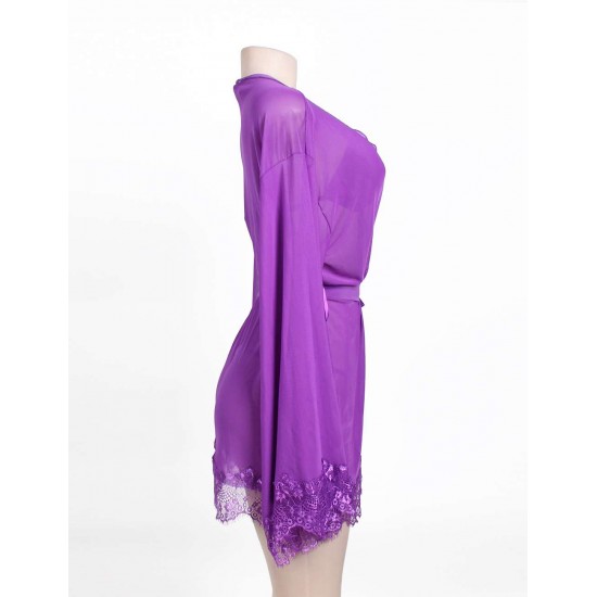 Purple Sheer Mesh And Eyelash Lace Robe Set