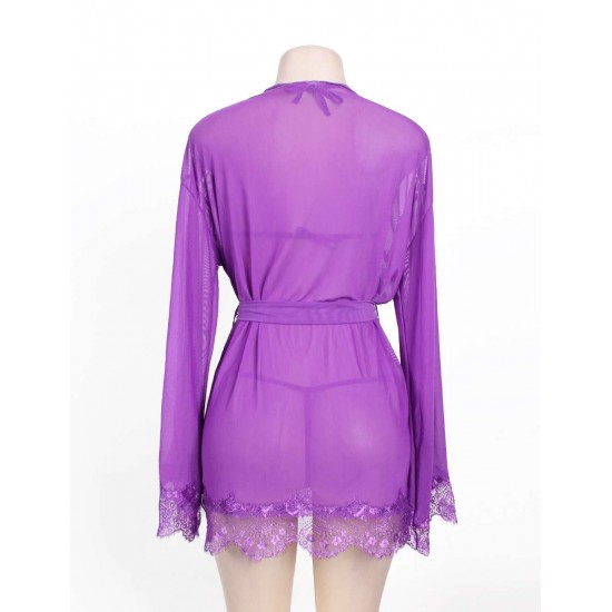 Purple Sheer Mesh And Eyelash Lace Robe Set