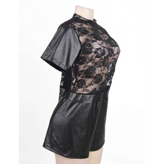 Short Sleeve Wet Look And Lace Bodysuit