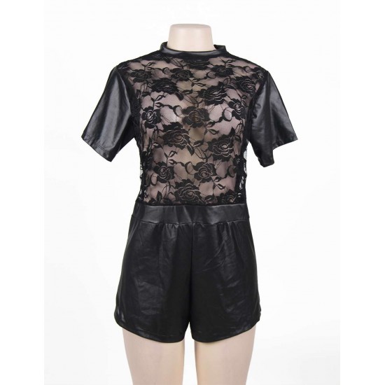 Short Sleeve Wet Look And Lace Bodysuit