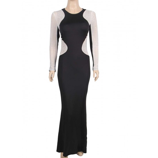 Floor Length Black Long Sleeve Silver Stud Evening Dress 