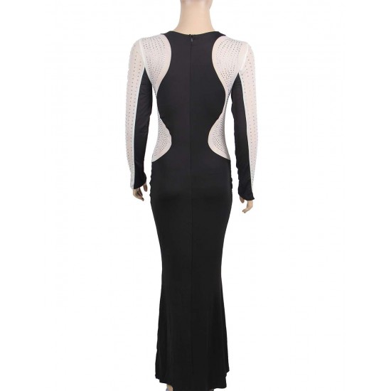 Floor Length Black Long Sleeve Silver Stud Evening Dress 