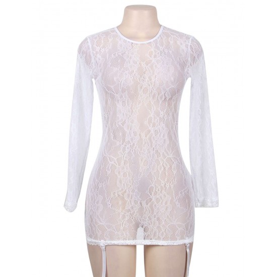 White Long Sleeve Floral Lace Chemise