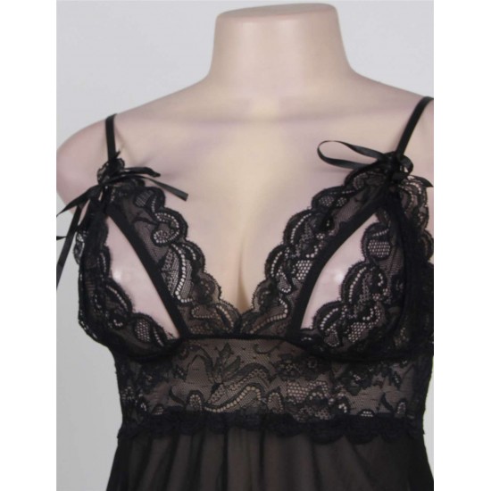 Black Sweetheart Scalloped Lace Decor Babydoll