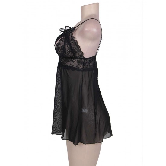 Black Sweetheart Scalloped Lace Decor Babydoll