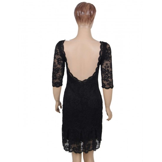 Plus Size Black Sexy Round Neck Lace Bodycon Dress