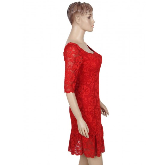 Red Short Sleeve Round Neck Lace Bodycon Dress