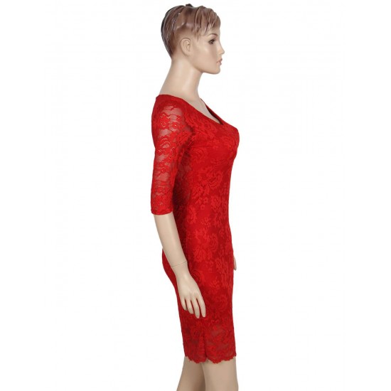 Plus Size Red Half Sleeve Slim Fashion Dress