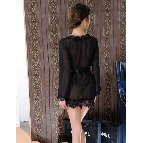 Black Sheer Lace Trim Sexy Robe With Belts