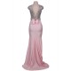 Pink Open Back Golden Strap Ruffle Evening Dress